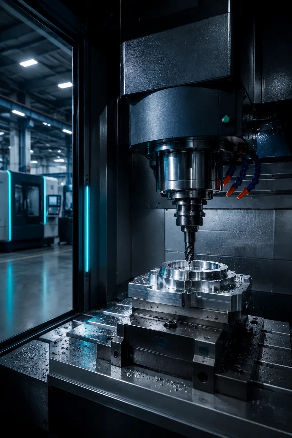 CNC-Bearbeitungszentrum fräst ein Metallteil in einer modernen Produktionshalle