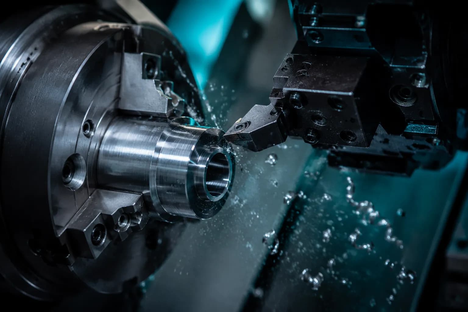 Nahaufnahme einer präzisen Metallbearbeitung mit Spänen