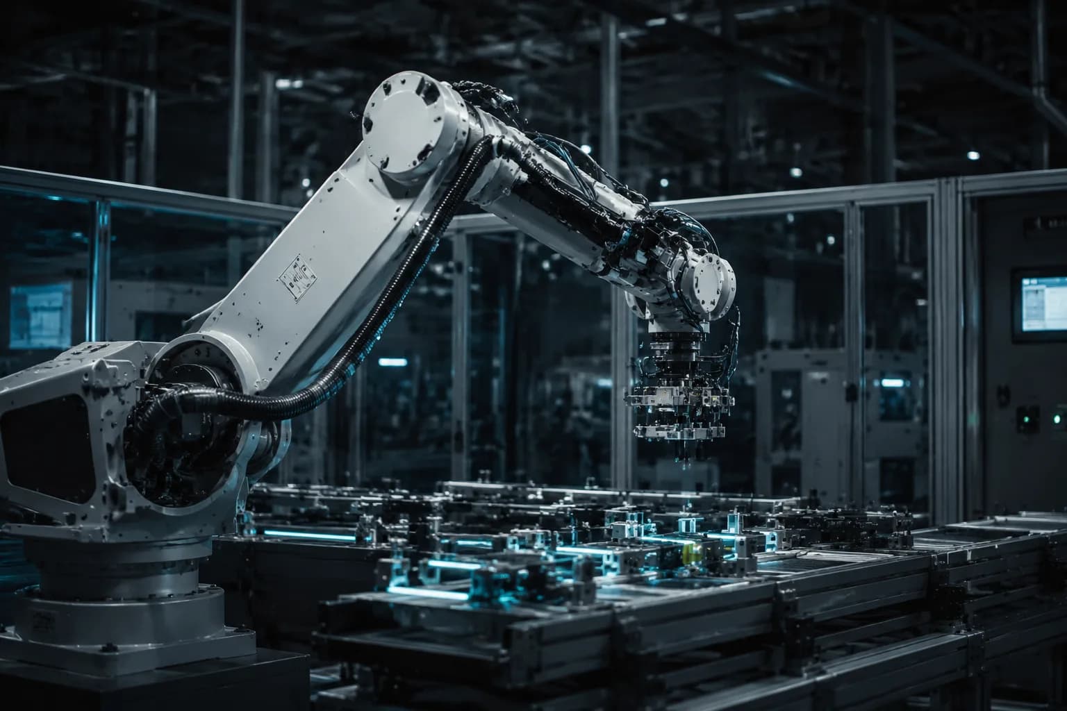 Industrieroboter arbeitet an einer automatisierten Fertigungslinie